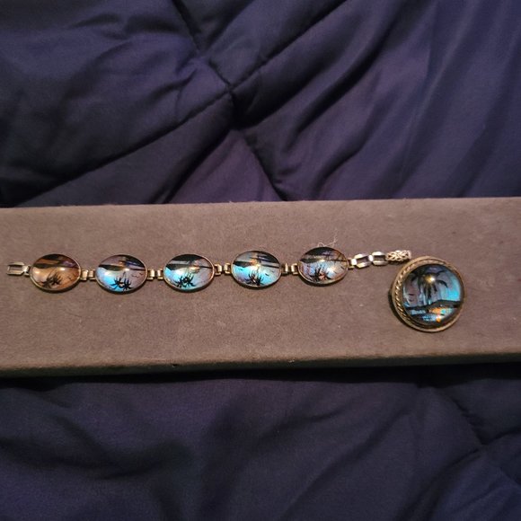 Vintage  deco 1930s morpho butterfly bracelet and broach set - Picture 1 of 2